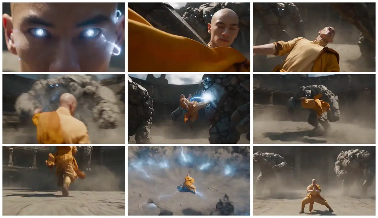 Nine frames from across Saffron monk against stone giants