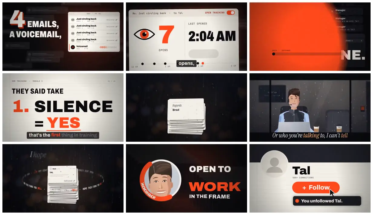 Nine frames from across Sales outreach in type and illustration