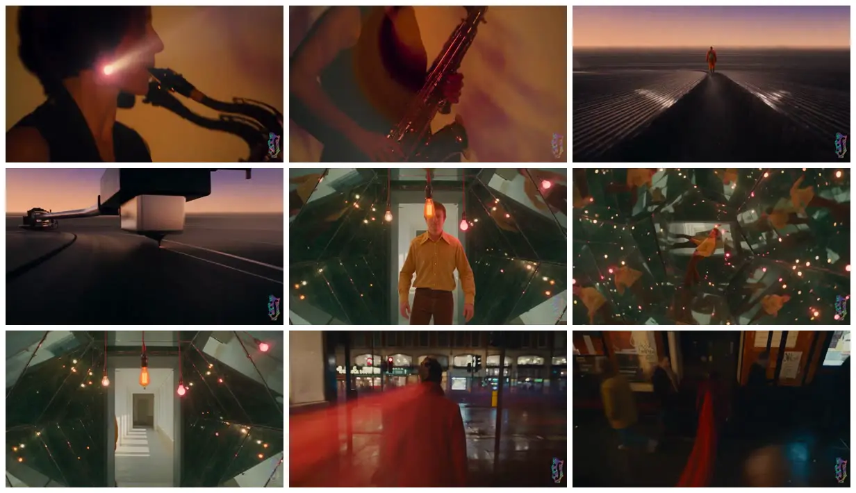 Nine frames from across Saxophones and mirrored corridors