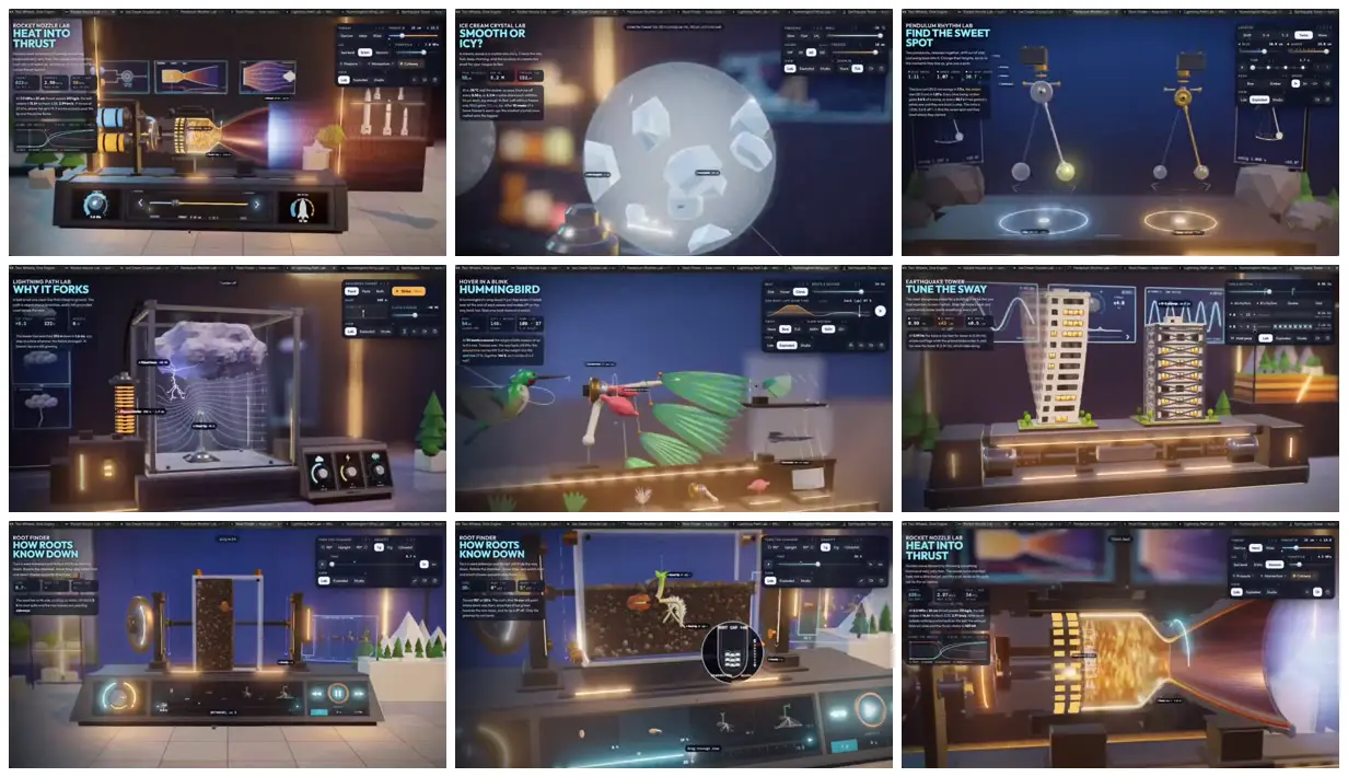 Nine frames from across Science models in a virtual laboratory