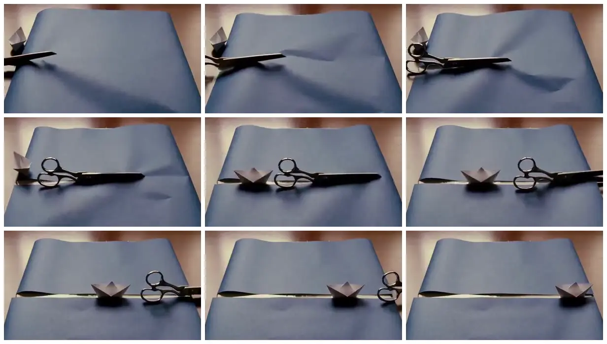 Nine frames from across Scissors cut a path for a paper boat