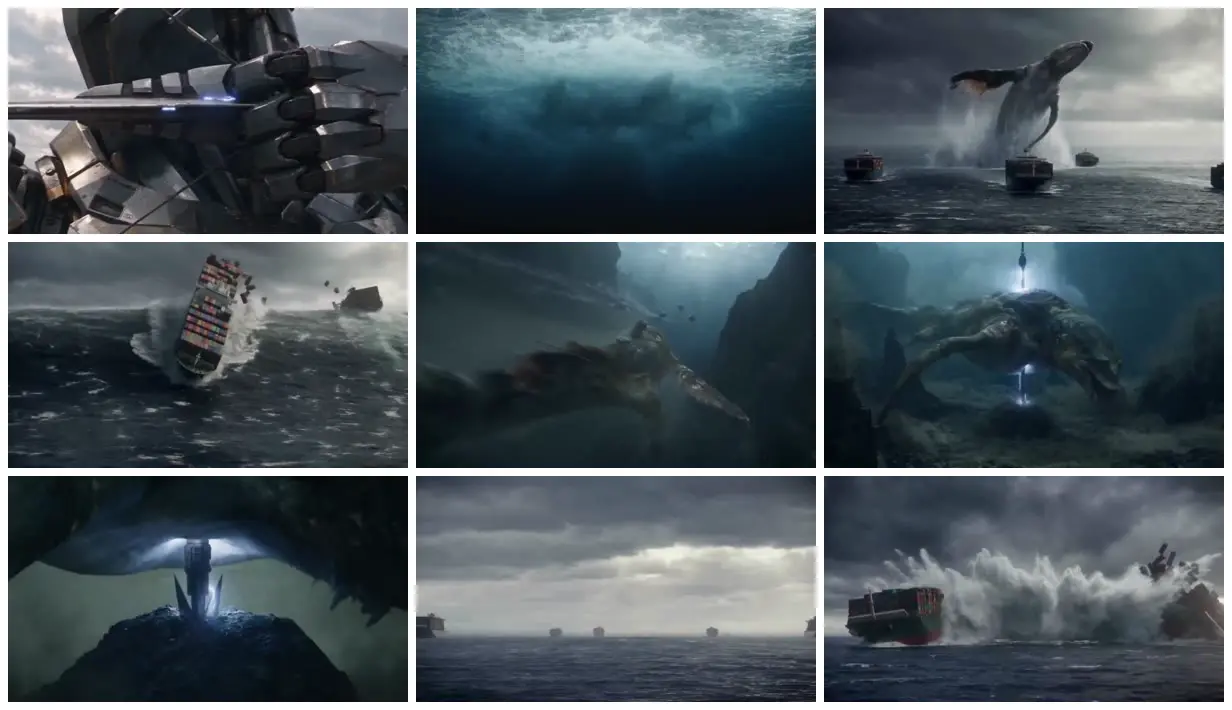 Nine frames from across Sea monster beneath a cargo fleet