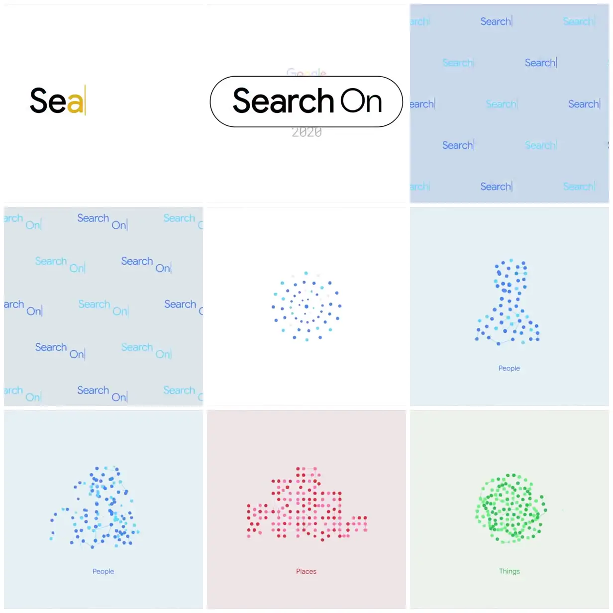 Nine frames from across Search On dot-network identity