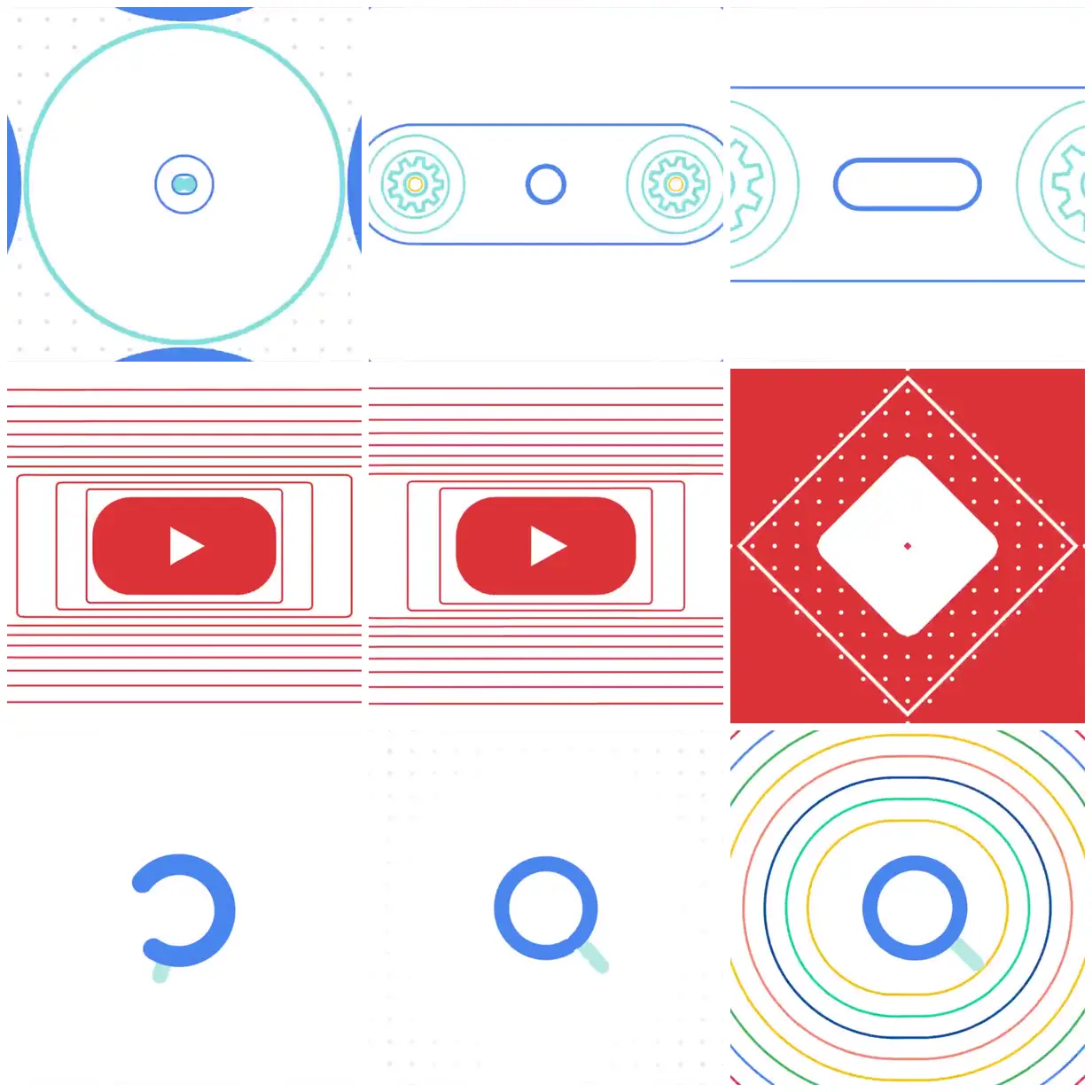 Nine frames from across Search rings and play-button geometry