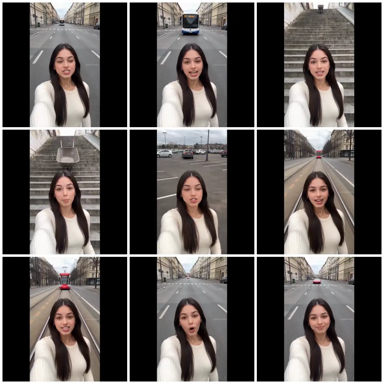 Nine frames from across Selfies with hazards behind