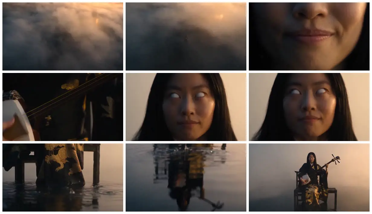 Nine frames from across Shamisen player on a misty lake