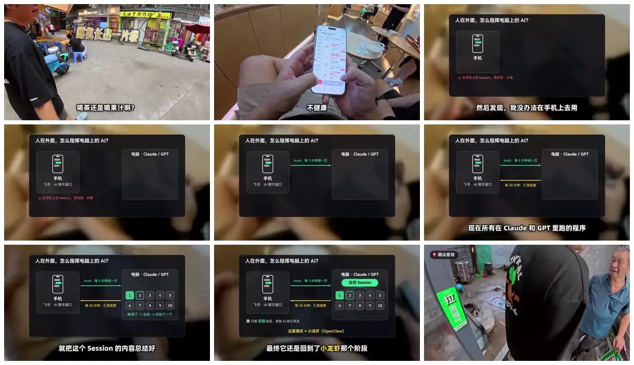 Nine frames from across Shantou streets and AI workflow