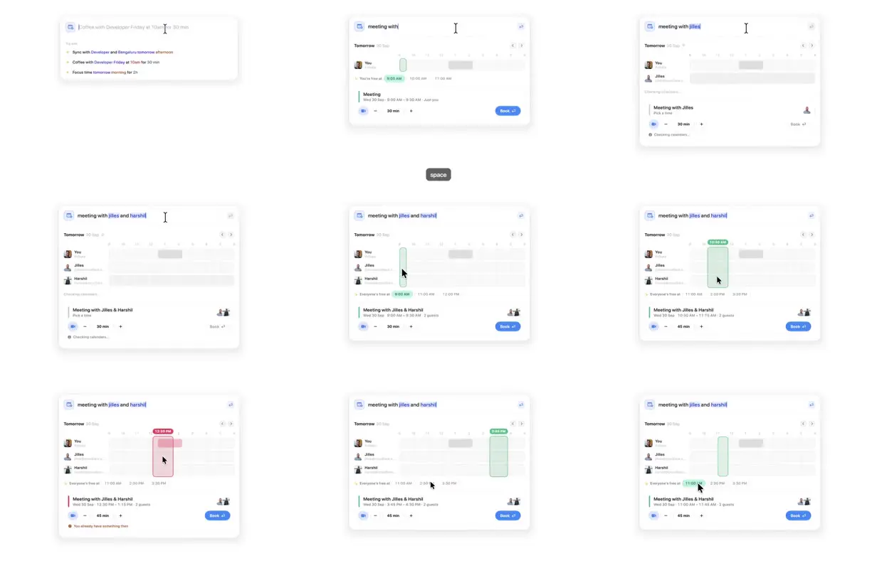 Nine frames from across Shared meeting availability card
