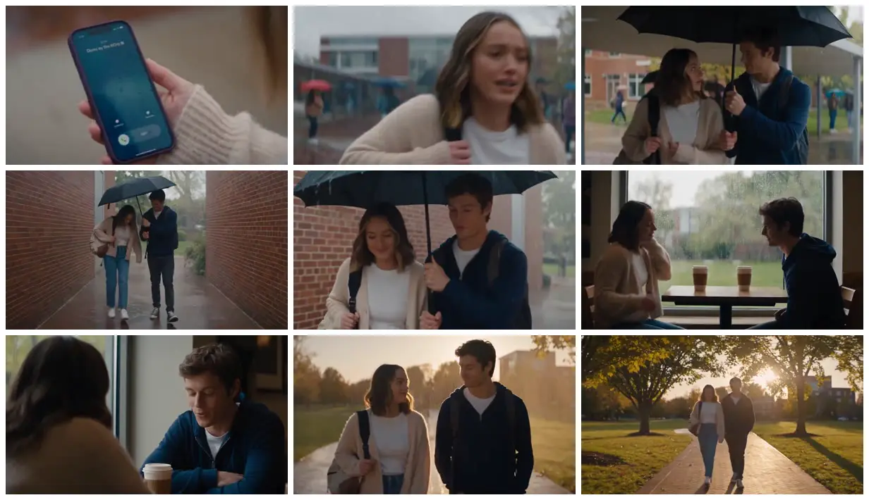 Nine frames from across Shared umbrella on a rainy campus
