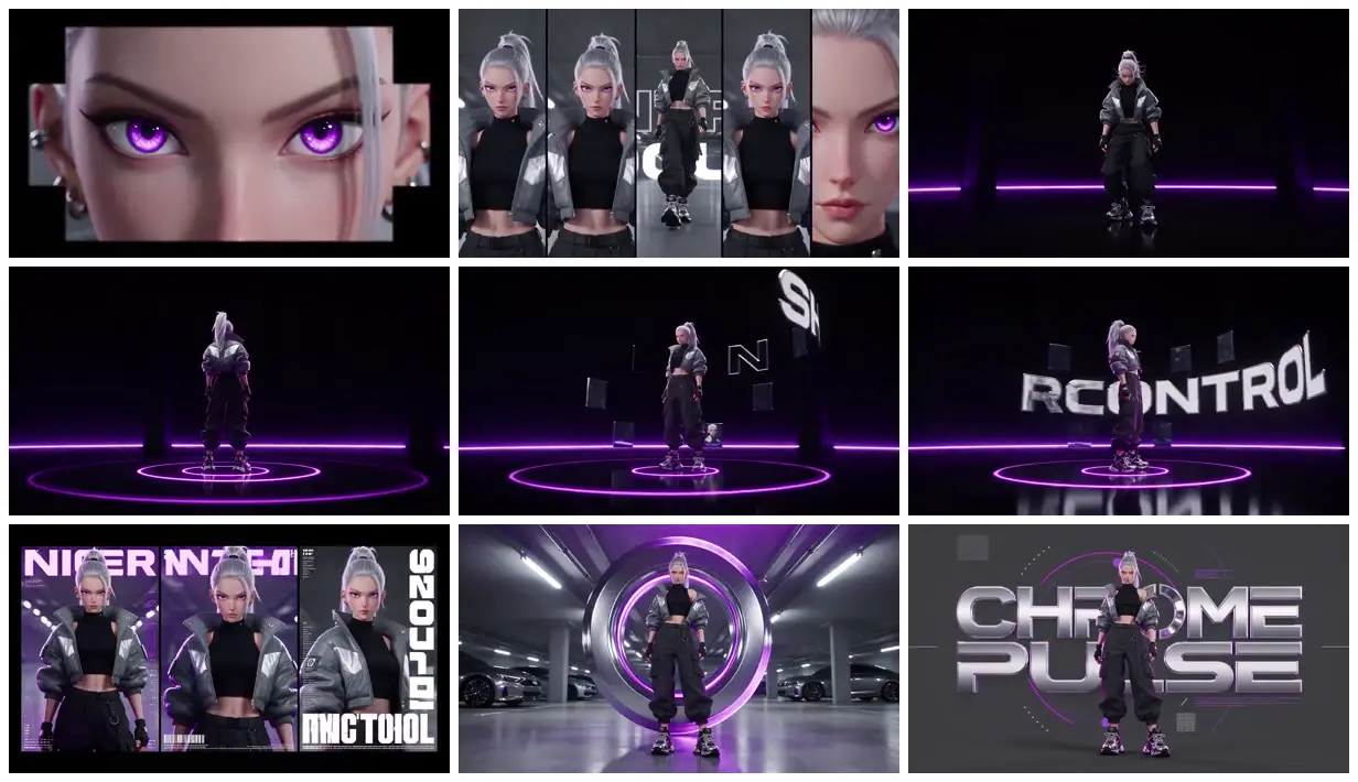 Nine frames from across Silver-haired figure in chrome rings