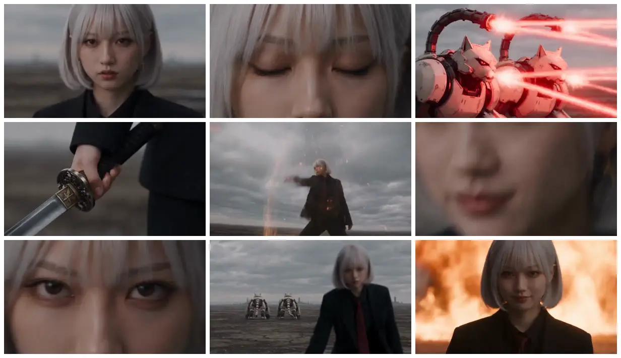 Nine frames from across Silver-haired swordswoman and robot cats