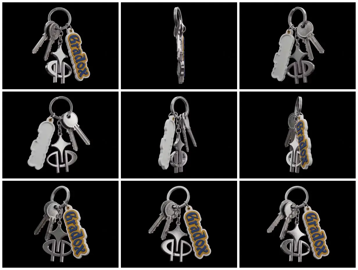 Nine frames from across Silver keychain with a wordmark tag