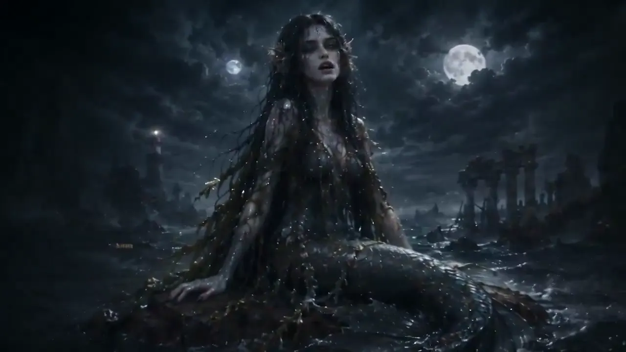 Frame from Siren in a moonlit shipwreck sea