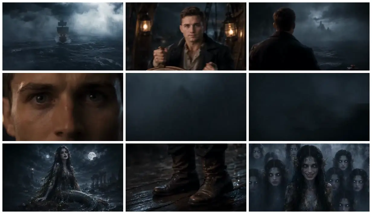 Nine frames from across Siren in a moonlit shipwreck sea