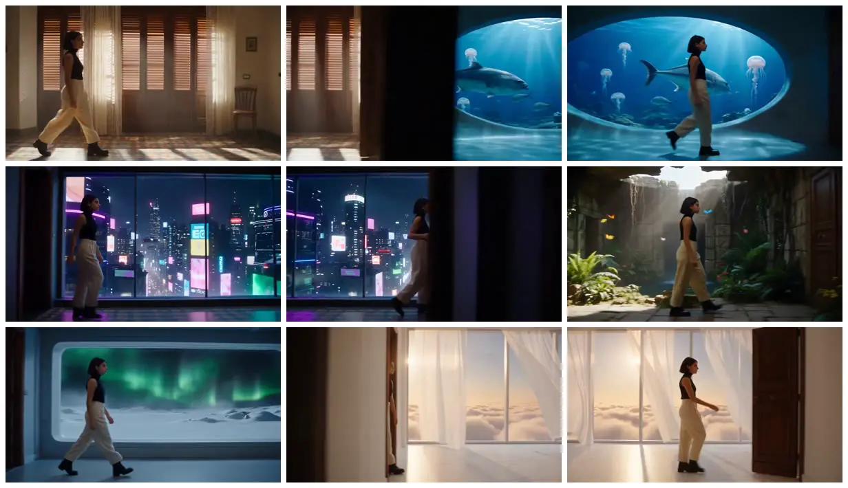 Nine frames from across Six rooms beyond wooden doors