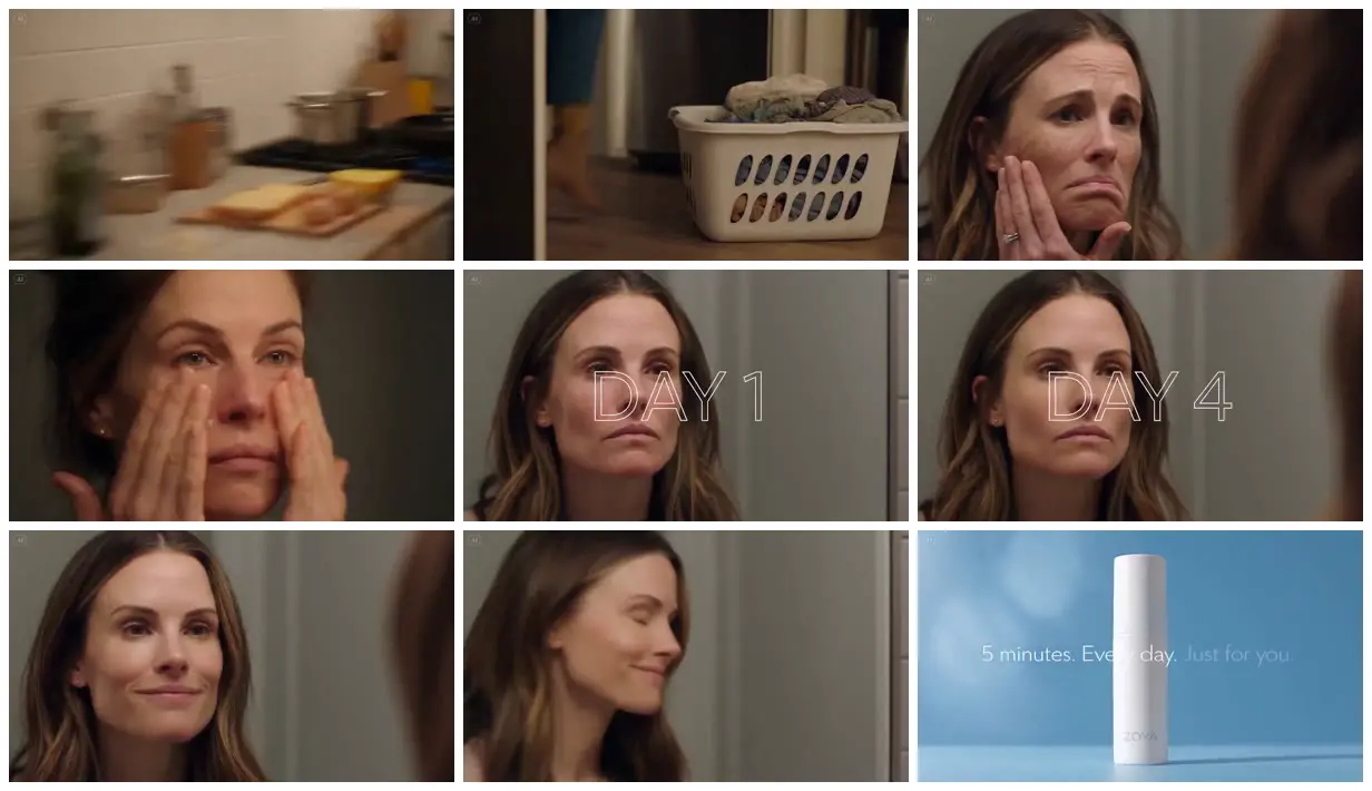 Nine frames from across Skincare routine in the bathroom mirror