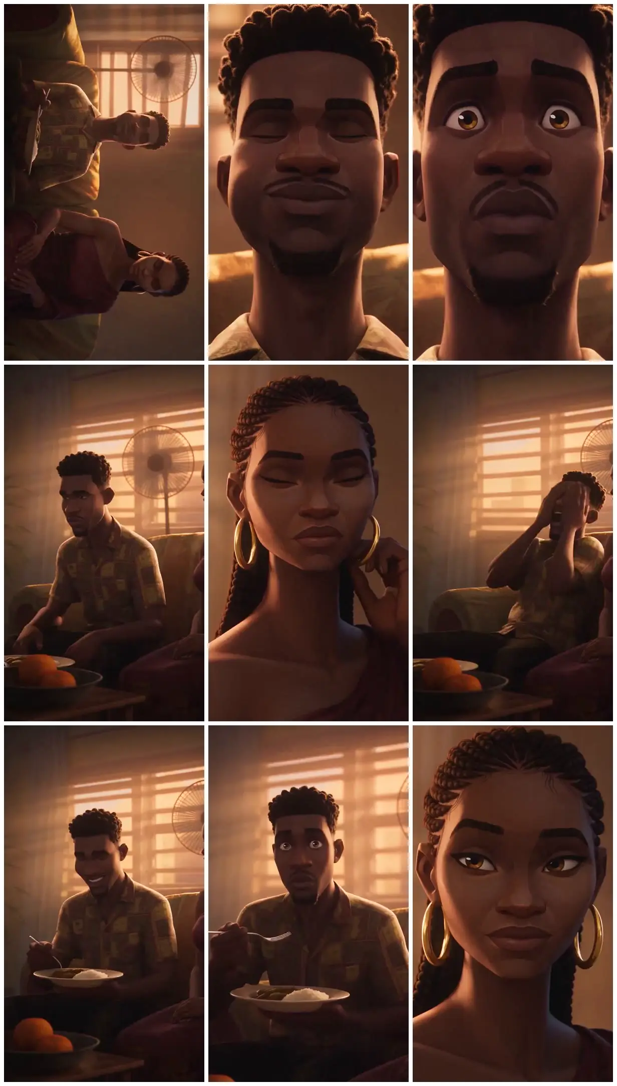 Nine frames from across Sofa conversation in amber light