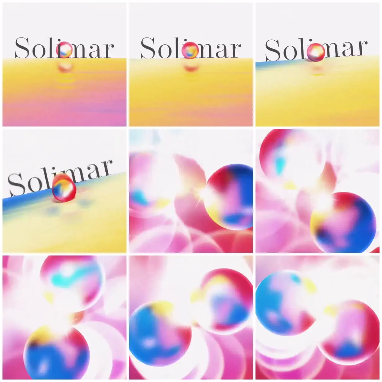Nine frames from across Solimar spheres on a sunset surface