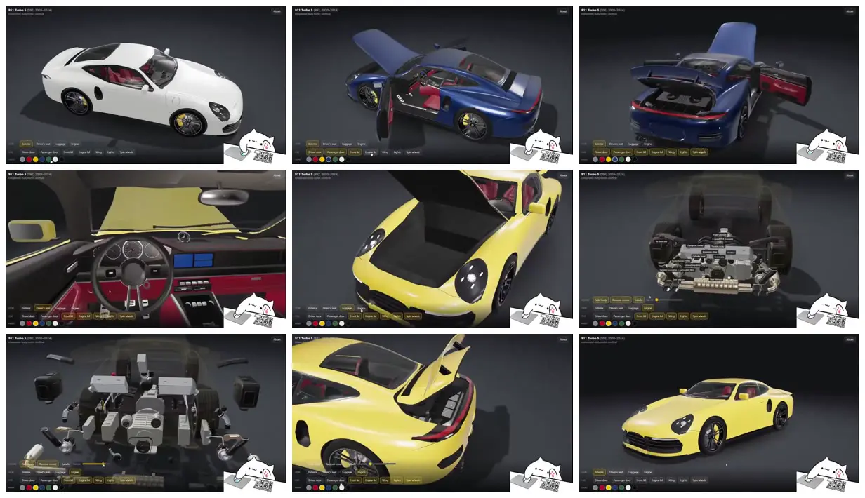Nine frames from across Sports car configurator and cutaways