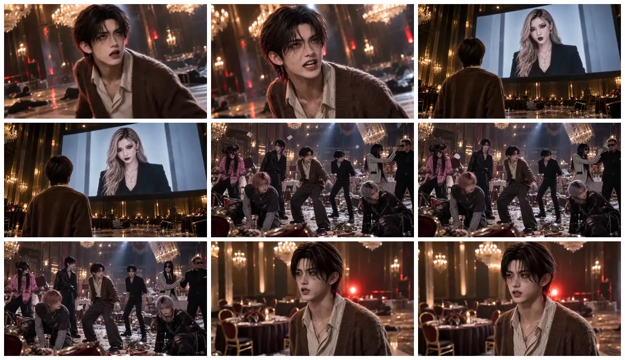 Nine frames from across Standoff in a ruined banquet hall