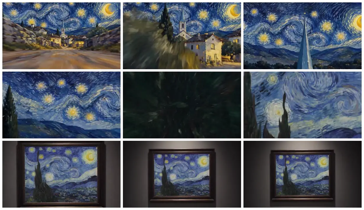 Nine frames from across Starry Night village and gallery reveal