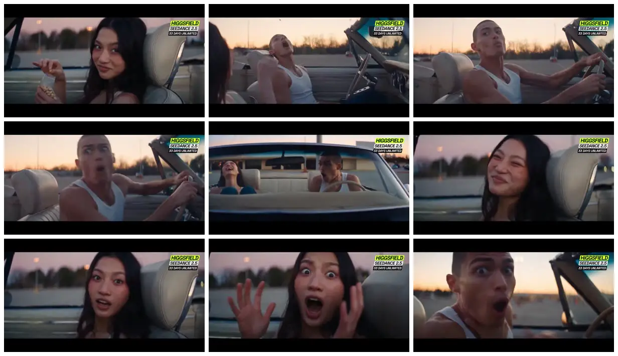 Nine frames from across Startled reactions in a convertible