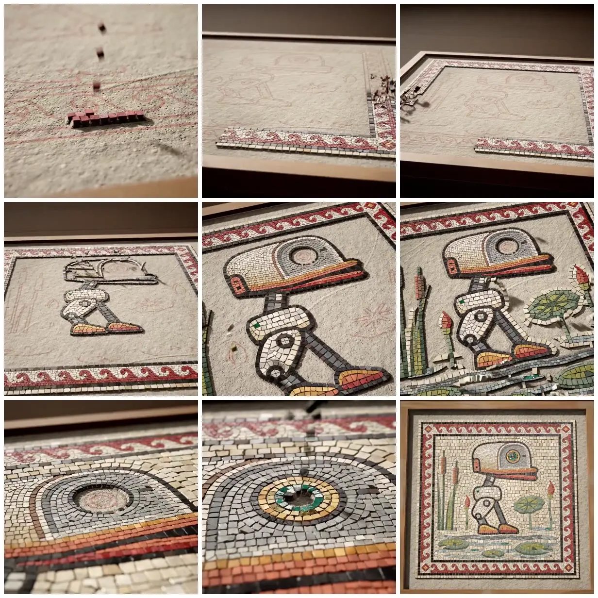 Nine frames from across Stone mosaic duck with a scroll border