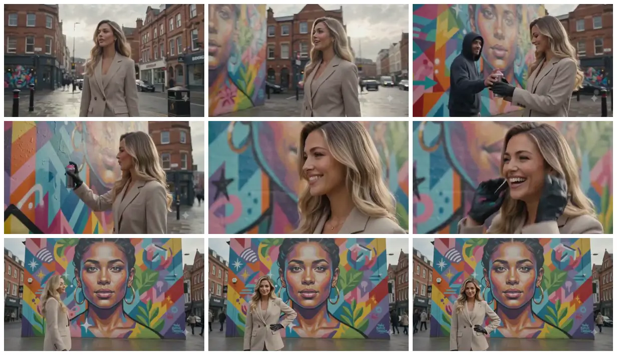 Nine frames from across Street-art encounter beside a mural
