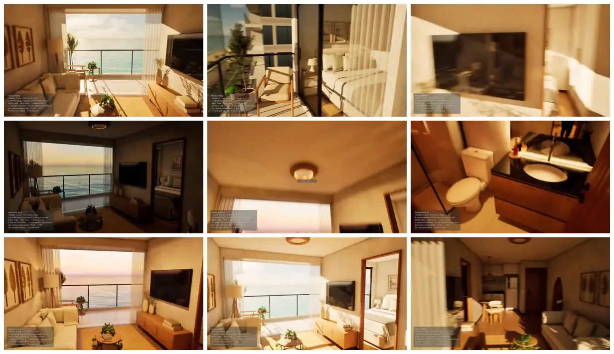 Nine frames from across Sunlit seaside apartment in 3D