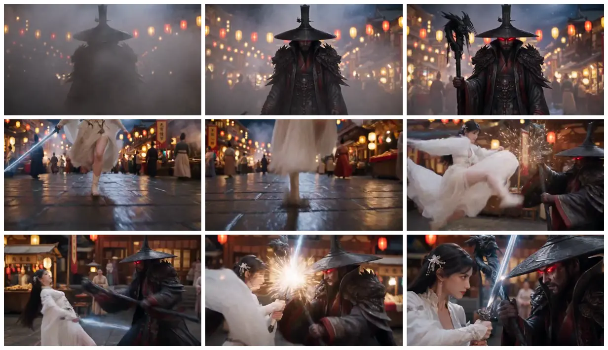 Nine frames from across Sword duel beneath red lanterns