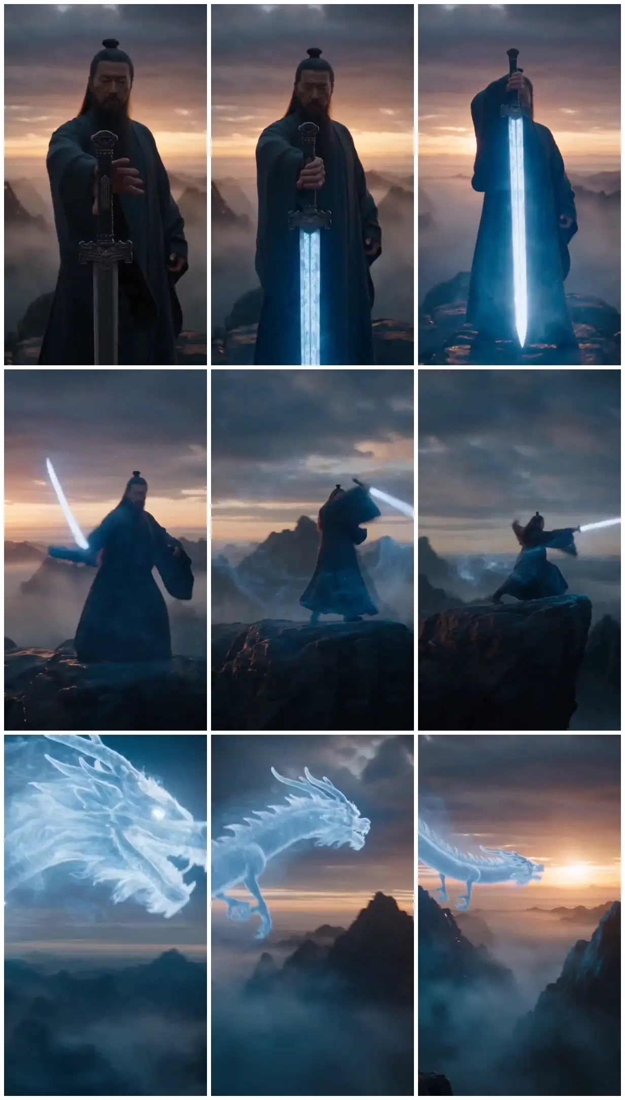 Nine frames from across Swordmaster and a blue spectral dragon