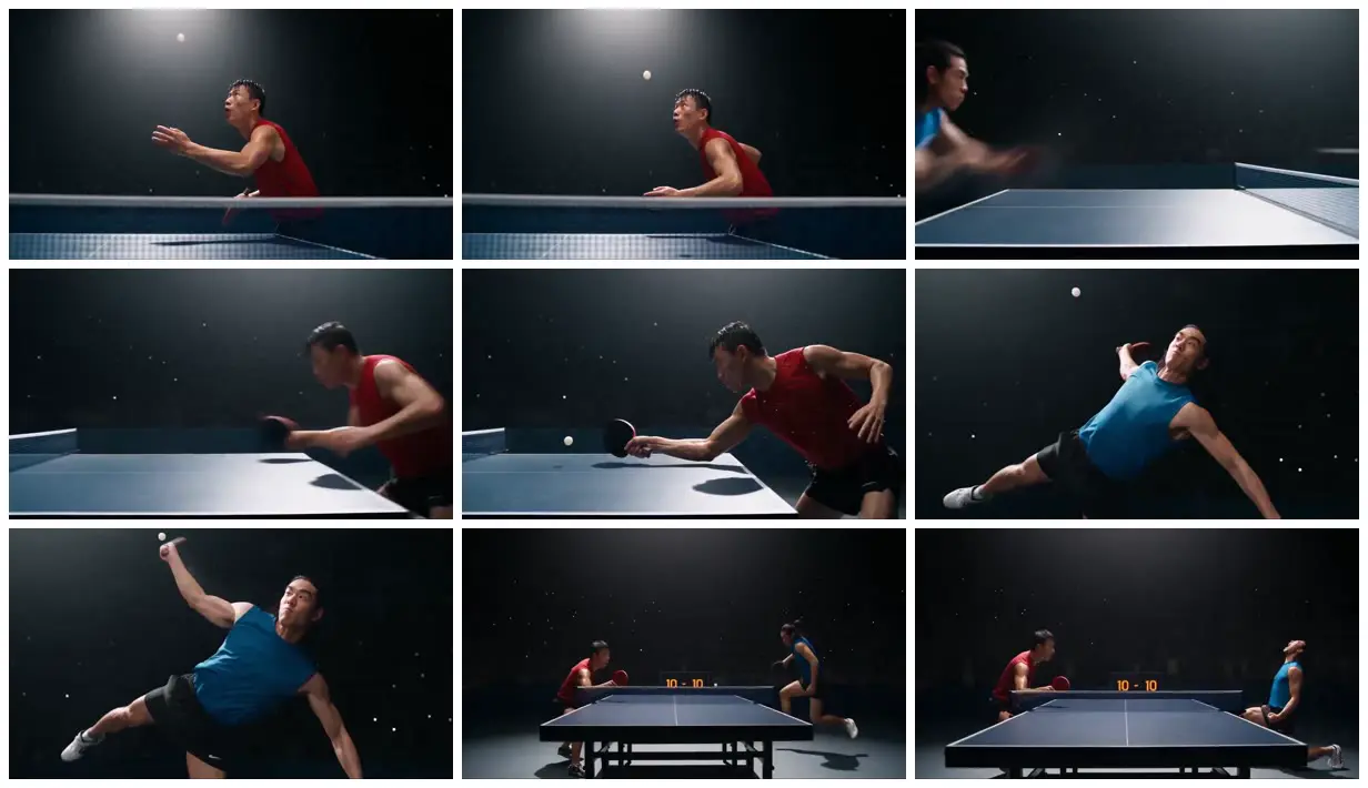 Nine frames from across Table tennis under a spotlight