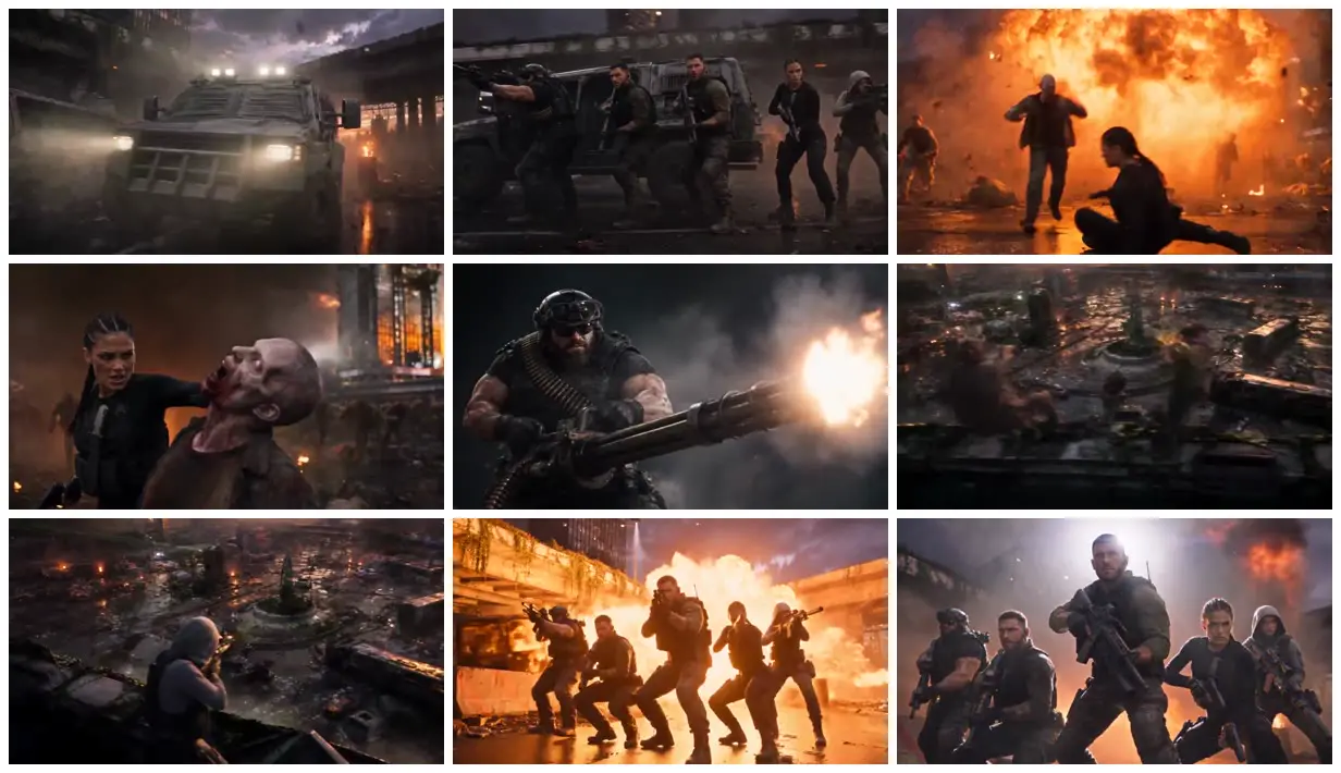 Nine frames from across Tactical squad in a burning city