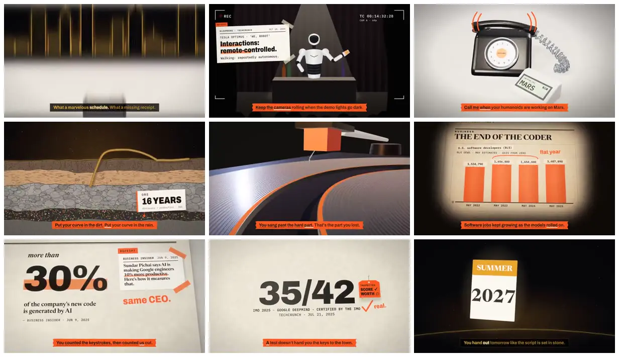 Nine frames from across Takeoff charts and newspaper corrections
