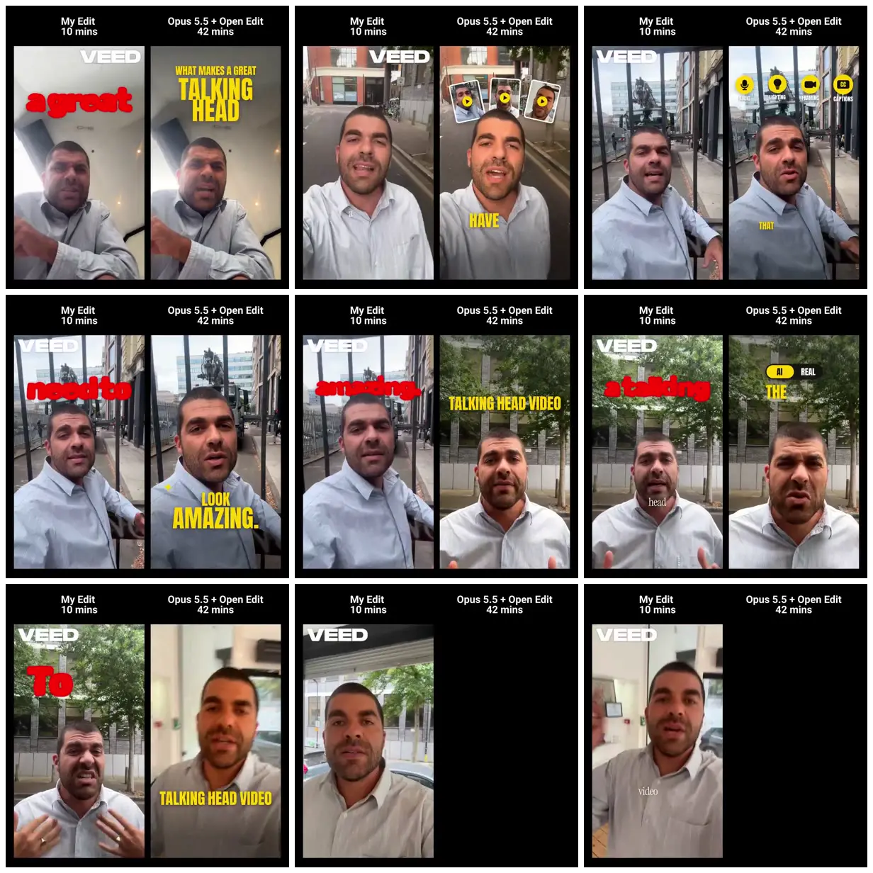 Nine frames from across Talking-head edits in red and yellow