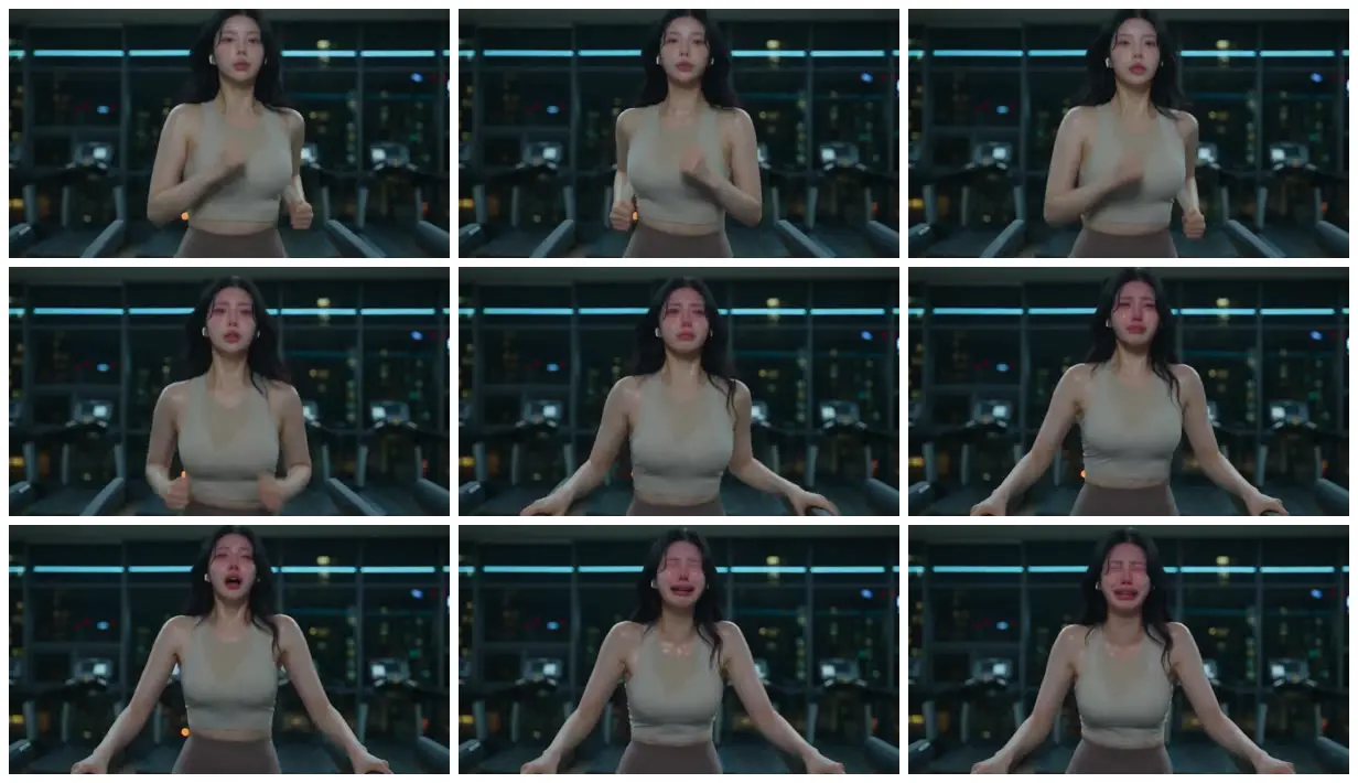 Nine frames from across Tears on a nighttime treadmill