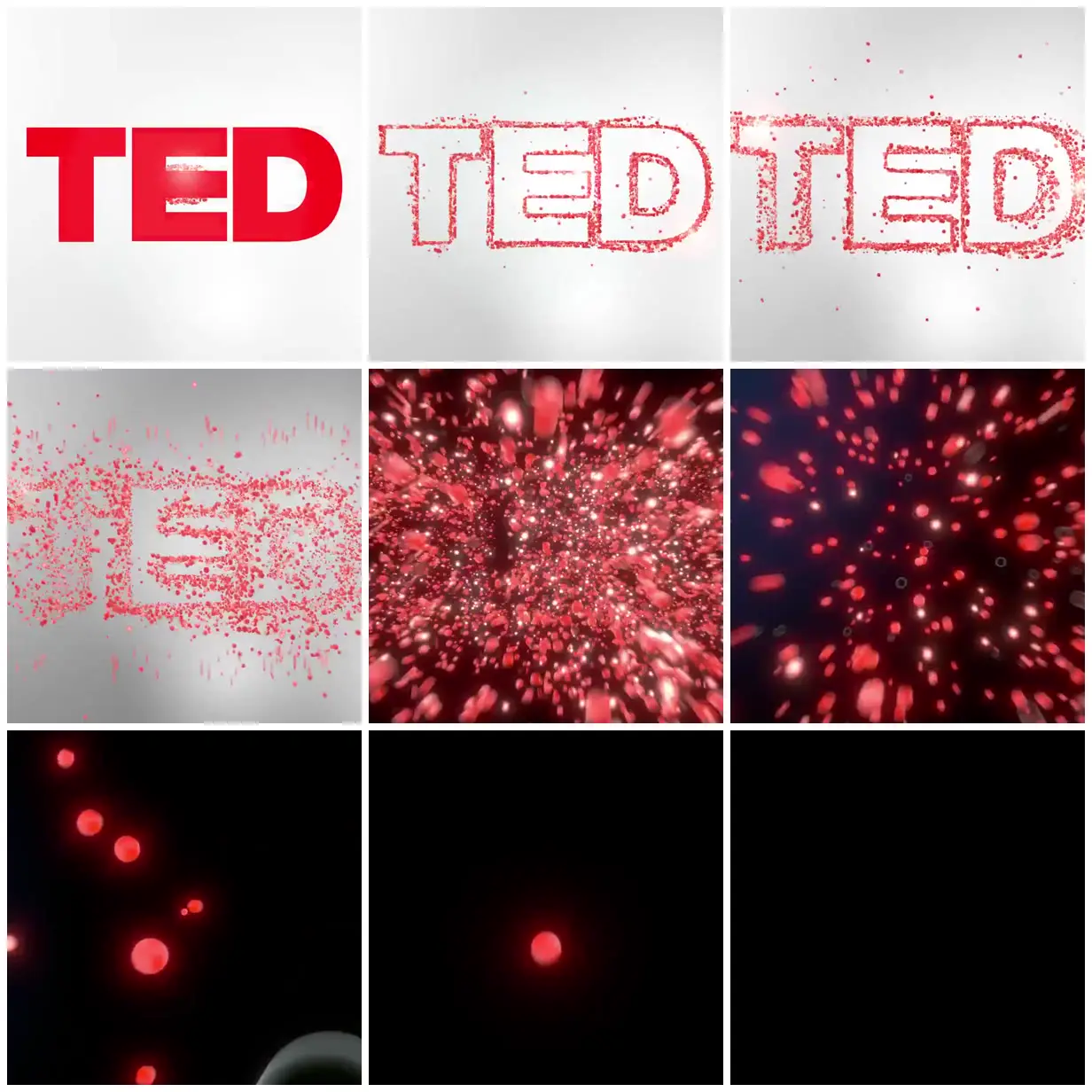 Nine frames from across TED letters and red particles