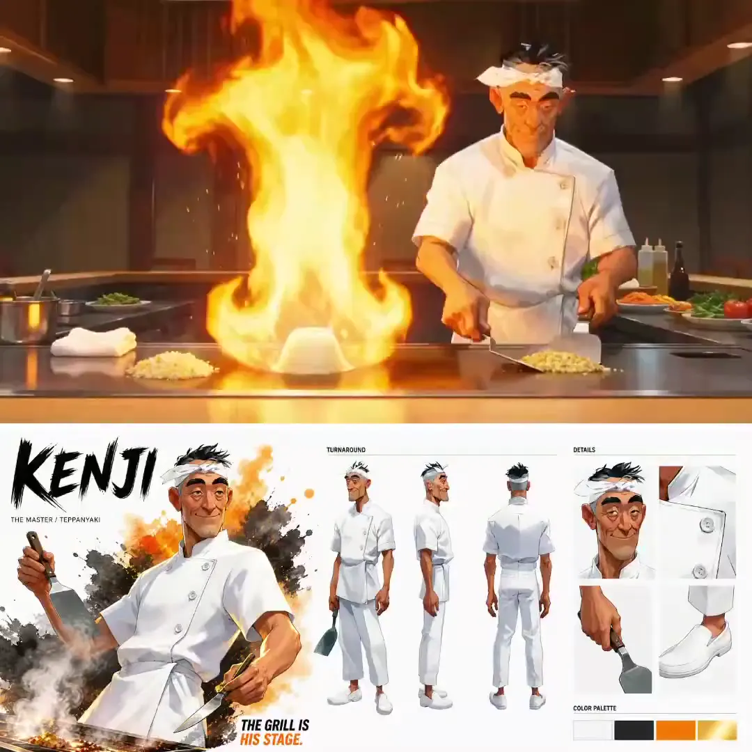 Frame from Teppanyaki chef and flaming grill