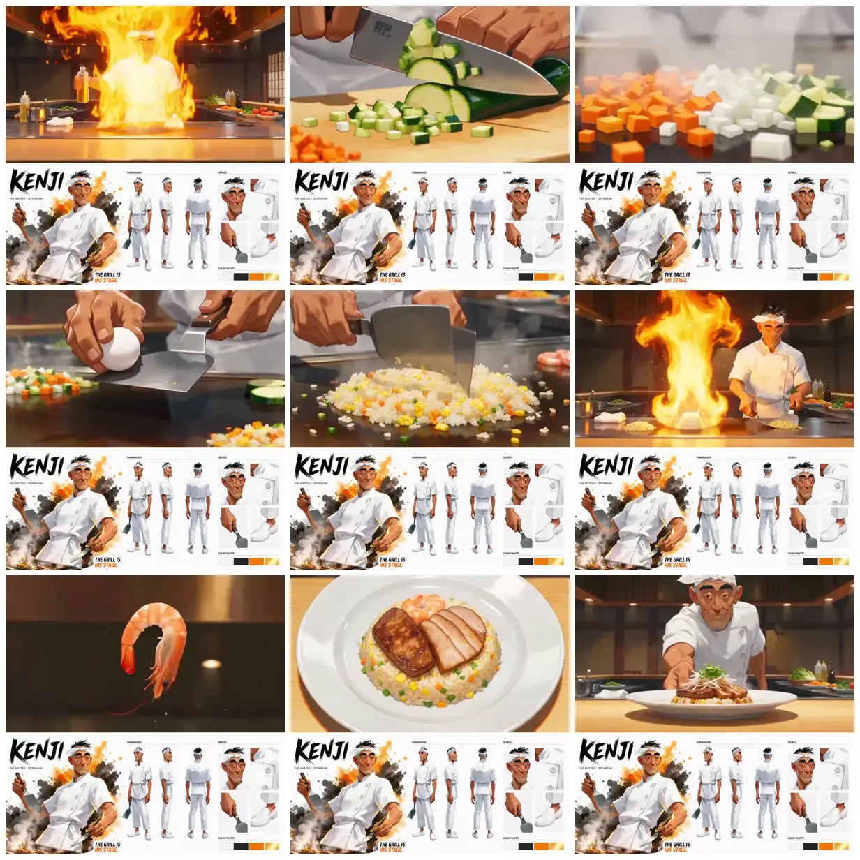 Nine frames from across Teppanyaki chef and flaming grill