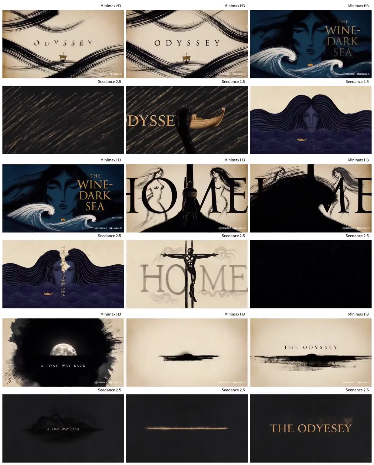 Nine frames from across The Odyssey in ink and waves