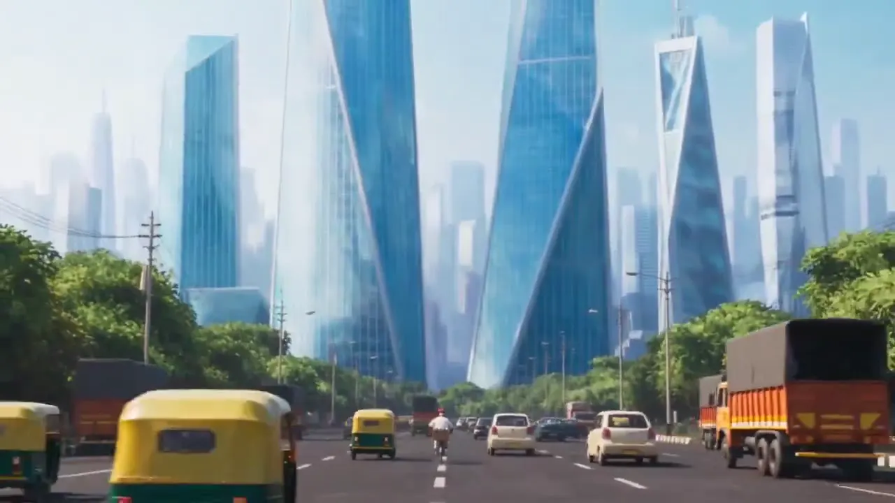 Frame from Tiffin carrier among glass towers