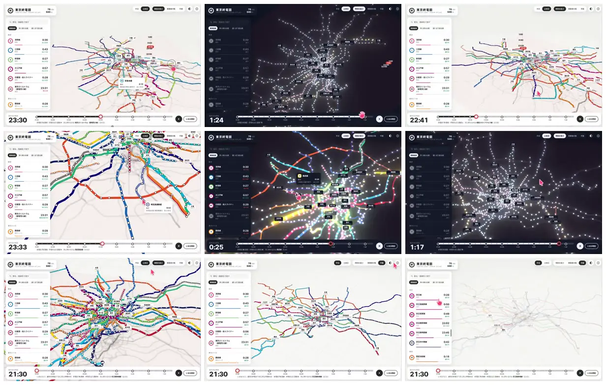 Nine frames from across Tokyo last-train network map