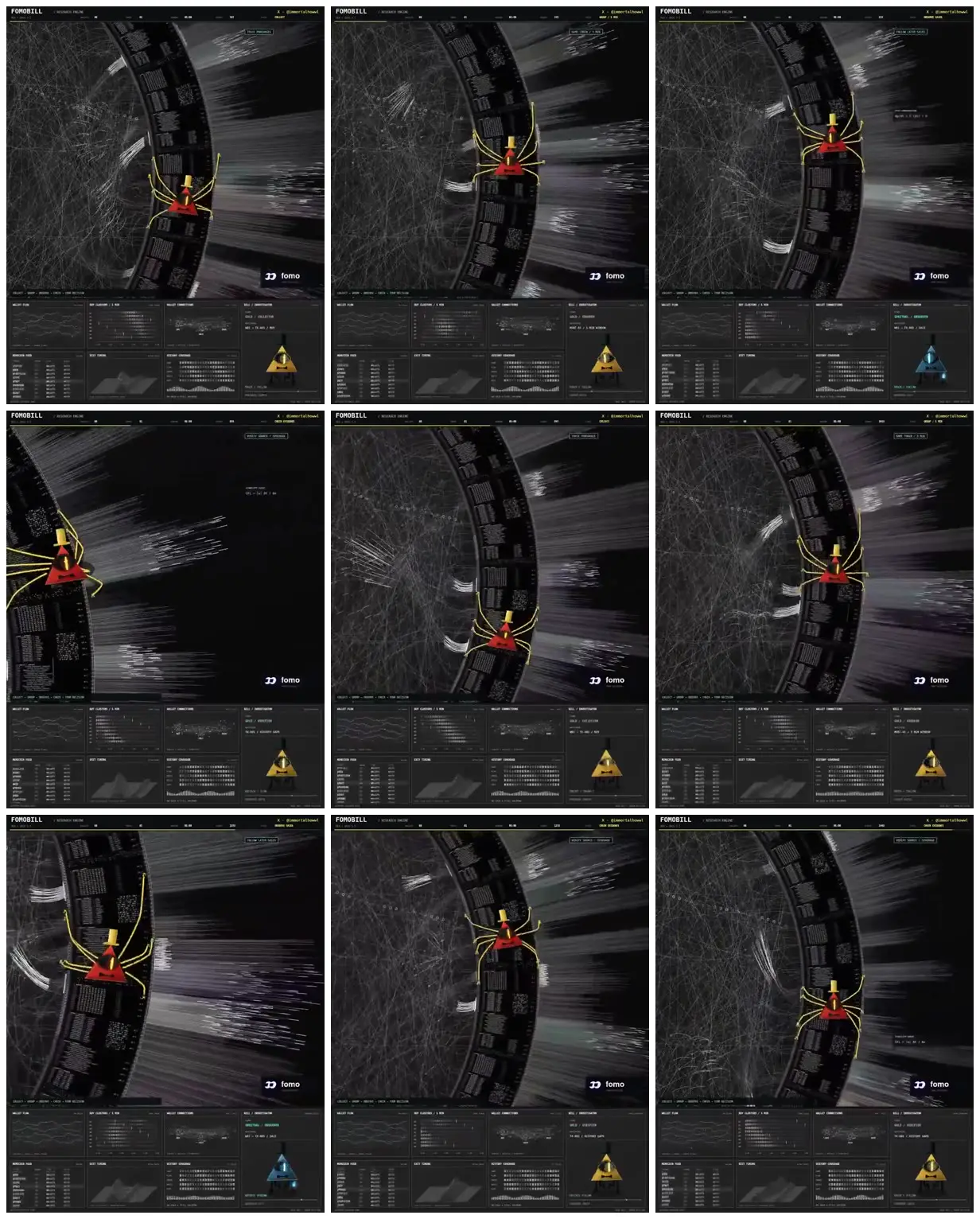 Nine frames from across Transaction trails around a curved ledger