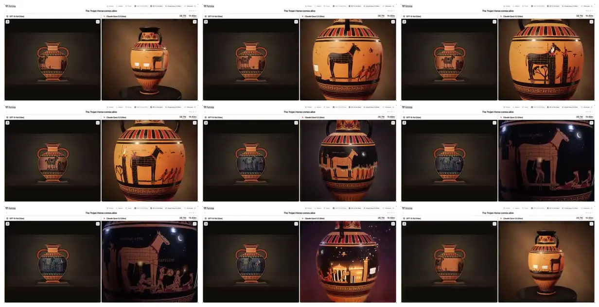Nine frames from across Trojan Horse on a Greek vase