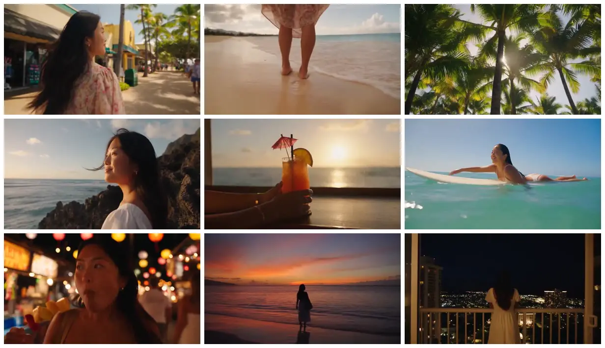 Nine frames from across Tropical vacation from street to shore
