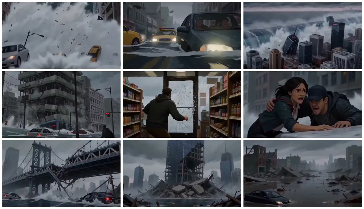 Nine frames from across Tsunami in a painted city