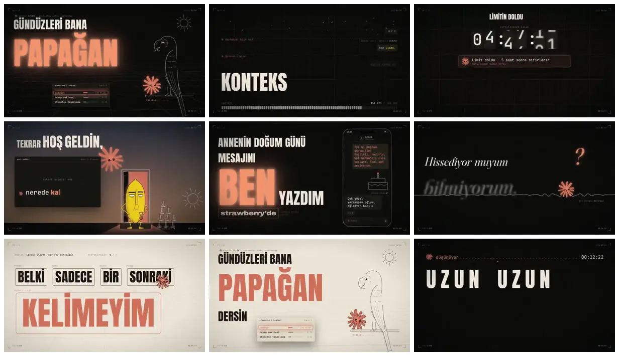 Nine frames from across Turkish lyrics and a coral starburst