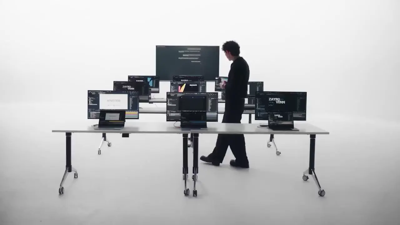Frame from Twelve laptops in a white studio