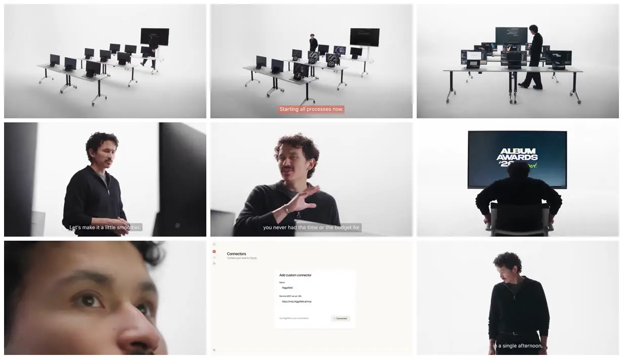 Nine frames from across Twelve laptops in a white studio