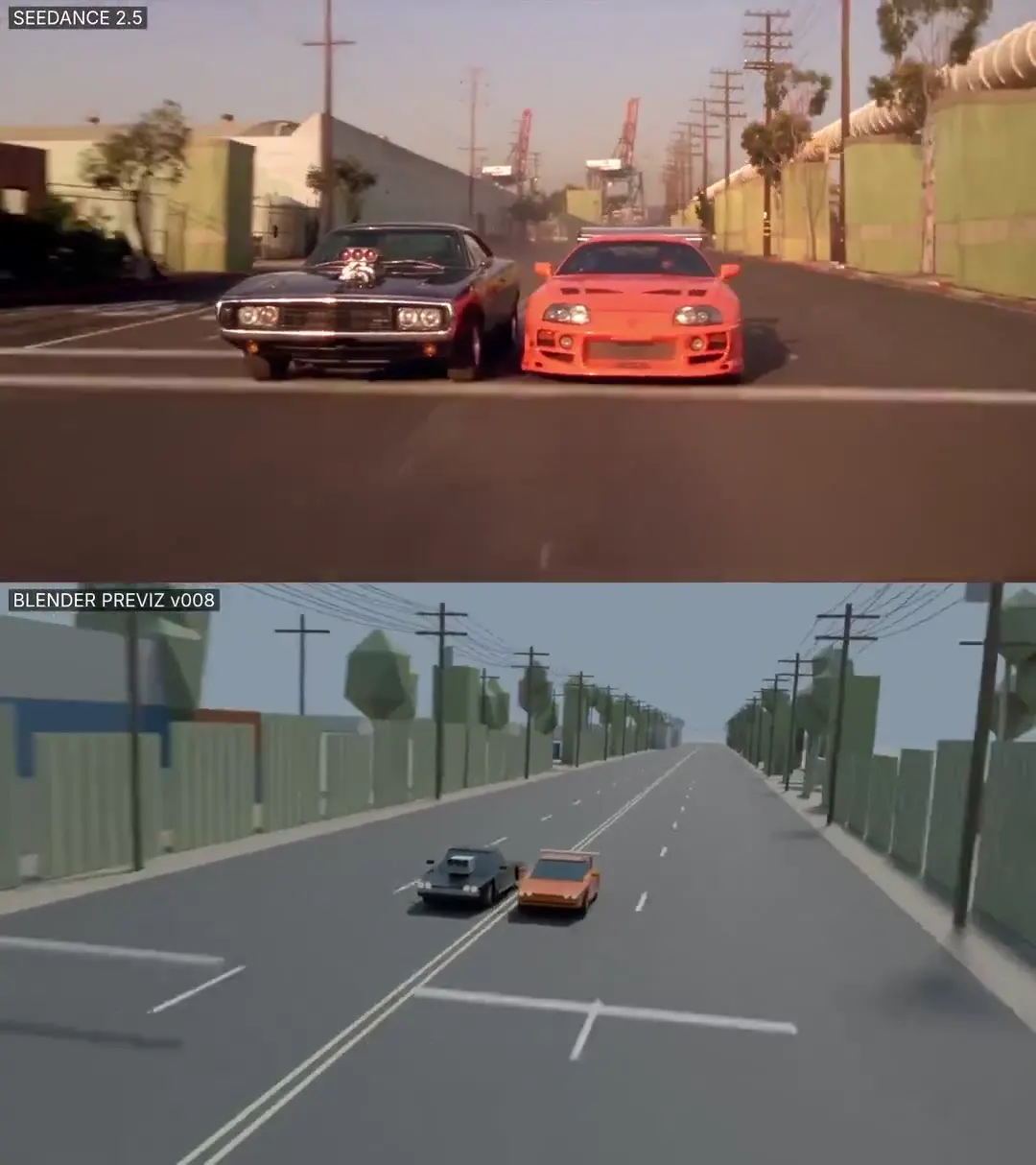 Frame from Two-car race through an industrial port